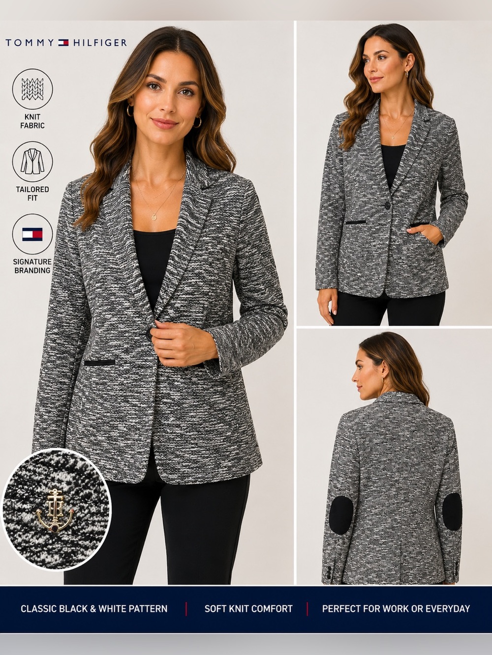Tommy Hilfiger Black White Knit Longline Blazer Jacket Size 4